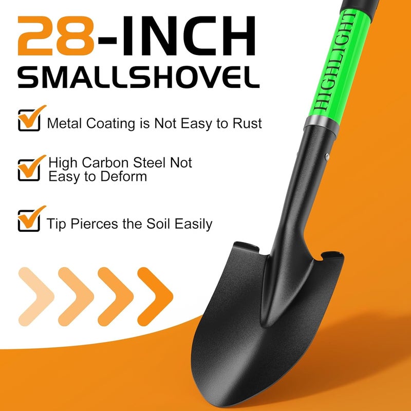 Highlight Kids Shovel, Small Shovels for Digging, Overall Length 28 Inches, Mini D Handle, Gardening Shovel, Metal Beach Shovel, Camping, Snow, Fiberglass Handle, Green - Image 1